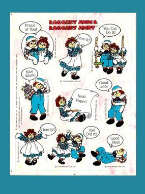 Raggedy Ann & Raggedy Andy Teacher Reward Sticker Sheet (1990s)